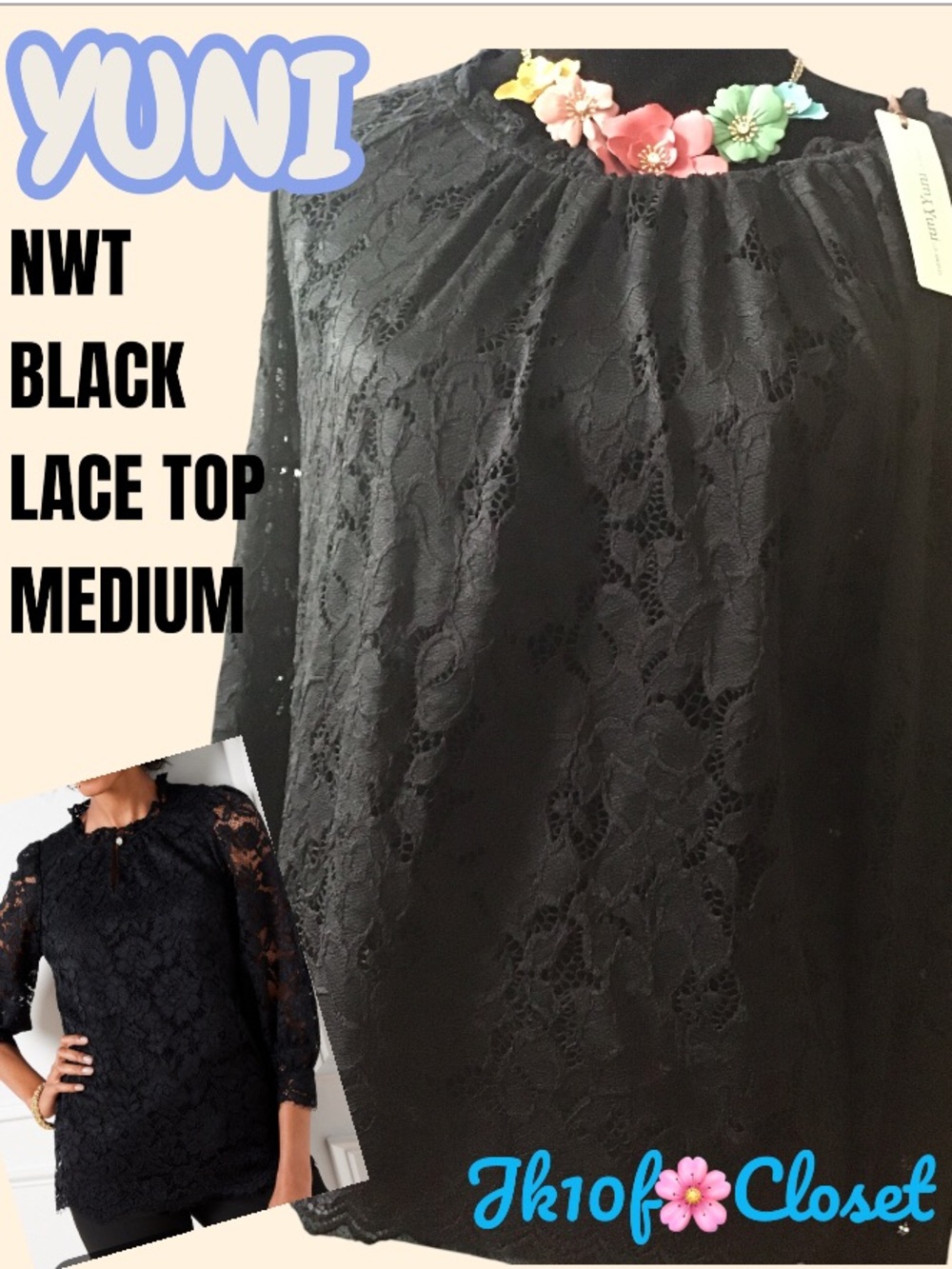 LOWEST🌺 NWT YUNI BLACK DETAILED SEE THRU LACE LONG SLEEVE TOP